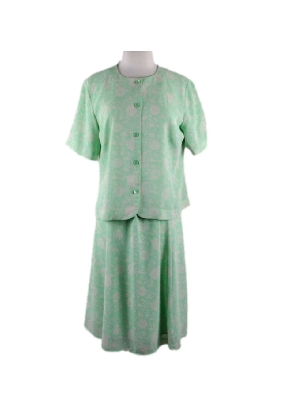 The Tog Shop Petite Vintage Mint Green White Floral Skirt Blouse Two Piece Set